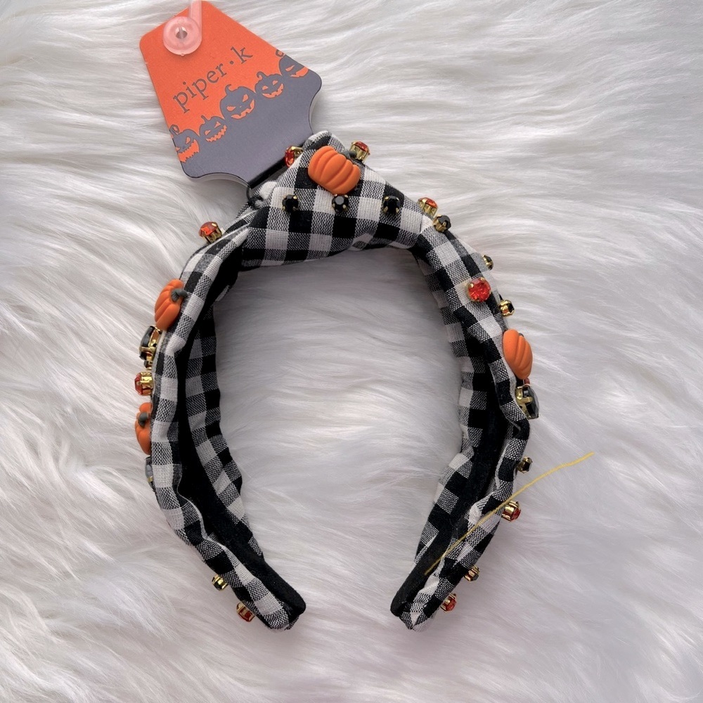 Piper K Checkered Gingham Pumpkin & Rhinestone Headband - NWT